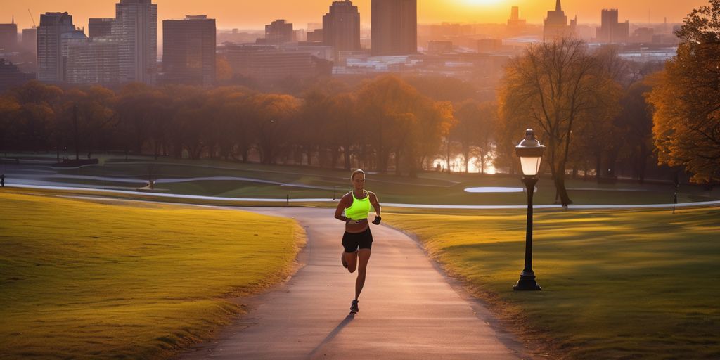 beginner marathon training plan, running, fitness, outdoor, motivation, sunrise, park, cityscape