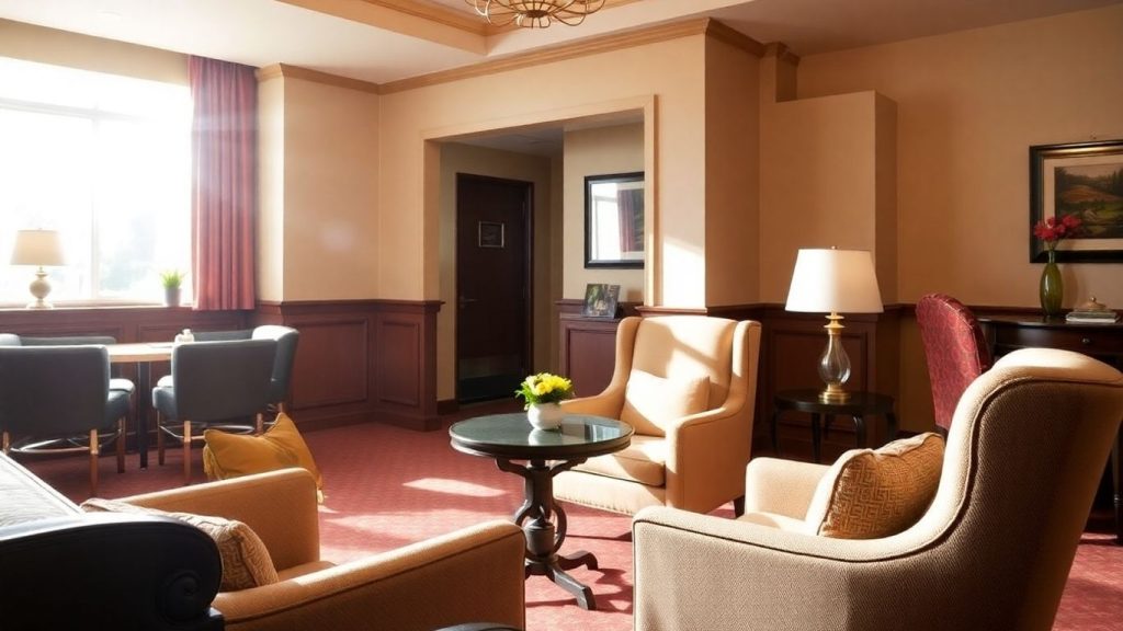 Gemütliches Hotelzimmer mit Blick auf die Frankfurter Skyline.